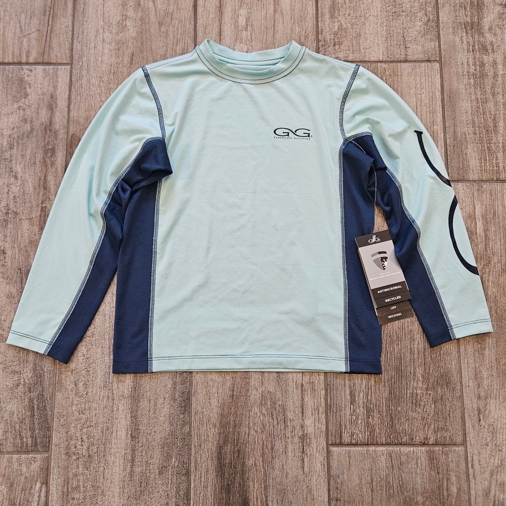 GameGuard Performance Long Sleeve Tee Kids S NEW Sea Glass Blue UPF Wicking Fish
